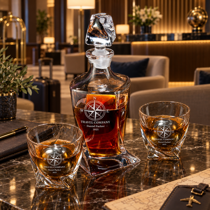 Travel & Hospitality Company Gifts – Twisted Decanter Set with 2 Glasses, 2 Whiskey Balls & Wooden Box – image 06