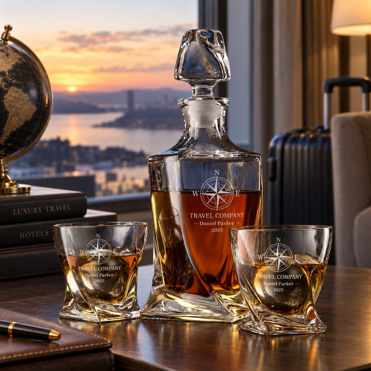 Travel & Hospitality Company Gifts – Twisted Decanter Set with 2 Glasses, 2 Whiskey Balls & Wooden Box product image
