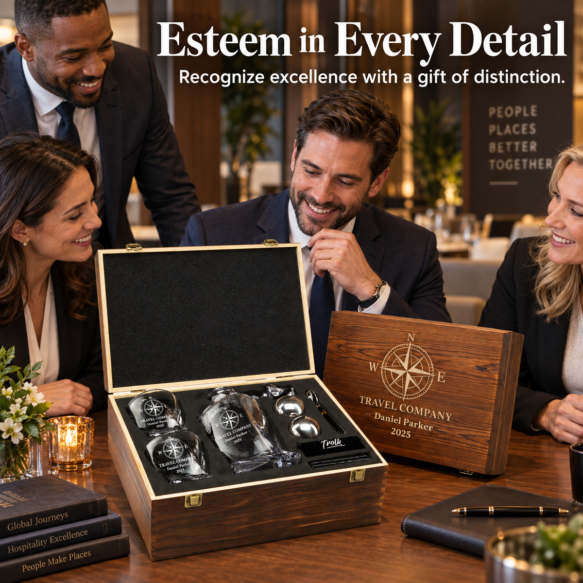 Travel & Hospitality Company Gifts – Twisted Decanter Set with 2 Glasses, 2 Whiskey Balls & Wooden Box product image