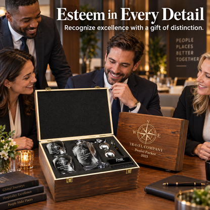 Travel & Hospitality Company Gifts – Twisted Decanter Set with 2 Glasses, 2 Whiskey Balls & Wooden Box – image 09