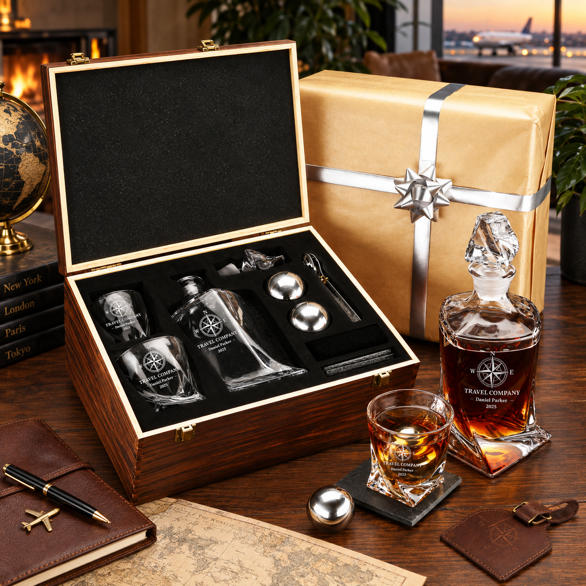 Travel & Hospitality Company Gifts – Twisted Decanter Set with 2 Glasses, 2 Whiskey Balls & Wooden Box product image