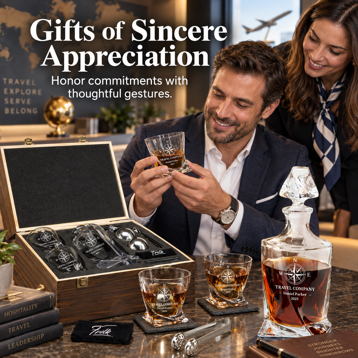 Travel & Hospitality Company Gifts – Twisted Decanter Set with 2 Glasses, 2 Whiskey Balls & Wooden Box – image 11