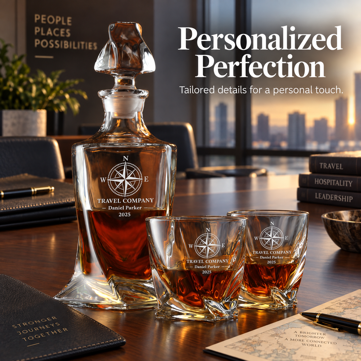 Travel & Hospitality Company Gifts – Twisted Decanter Set with 2 Glasses, 2 Whiskey Balls & Wooden Box – image 12