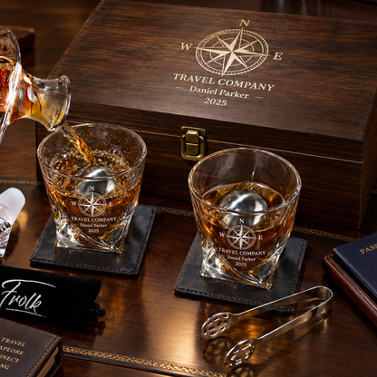 Travel & Hospitality Company Gifts – Twisted Decanter Set with 2 Glasses, 2 Whiskey Balls & Wooden Box – image 14