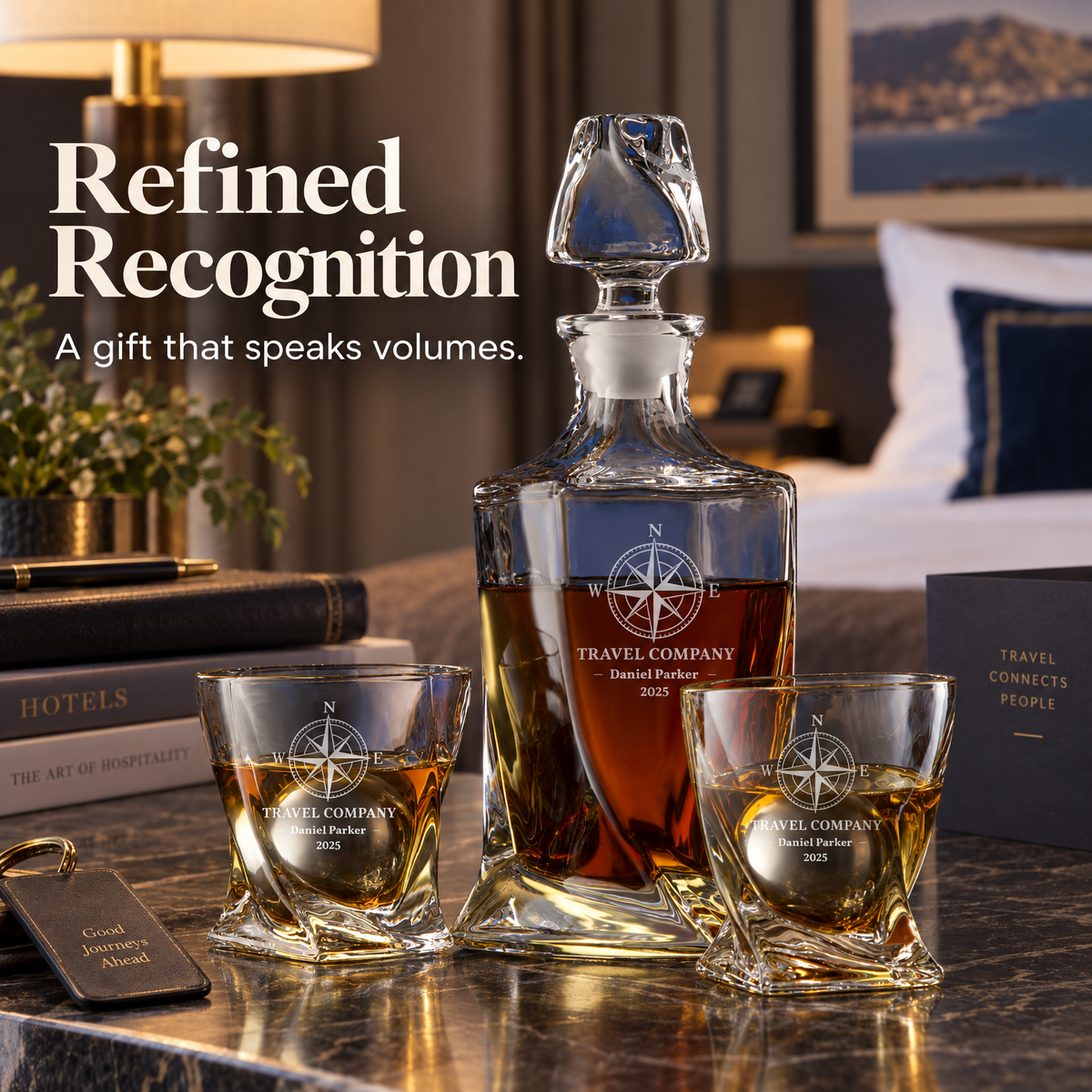 Travel & Hospitality Company Gifts – Twisted Decanter Set with 2 Glasses, 2 Whiskey Balls & Wooden Box product image