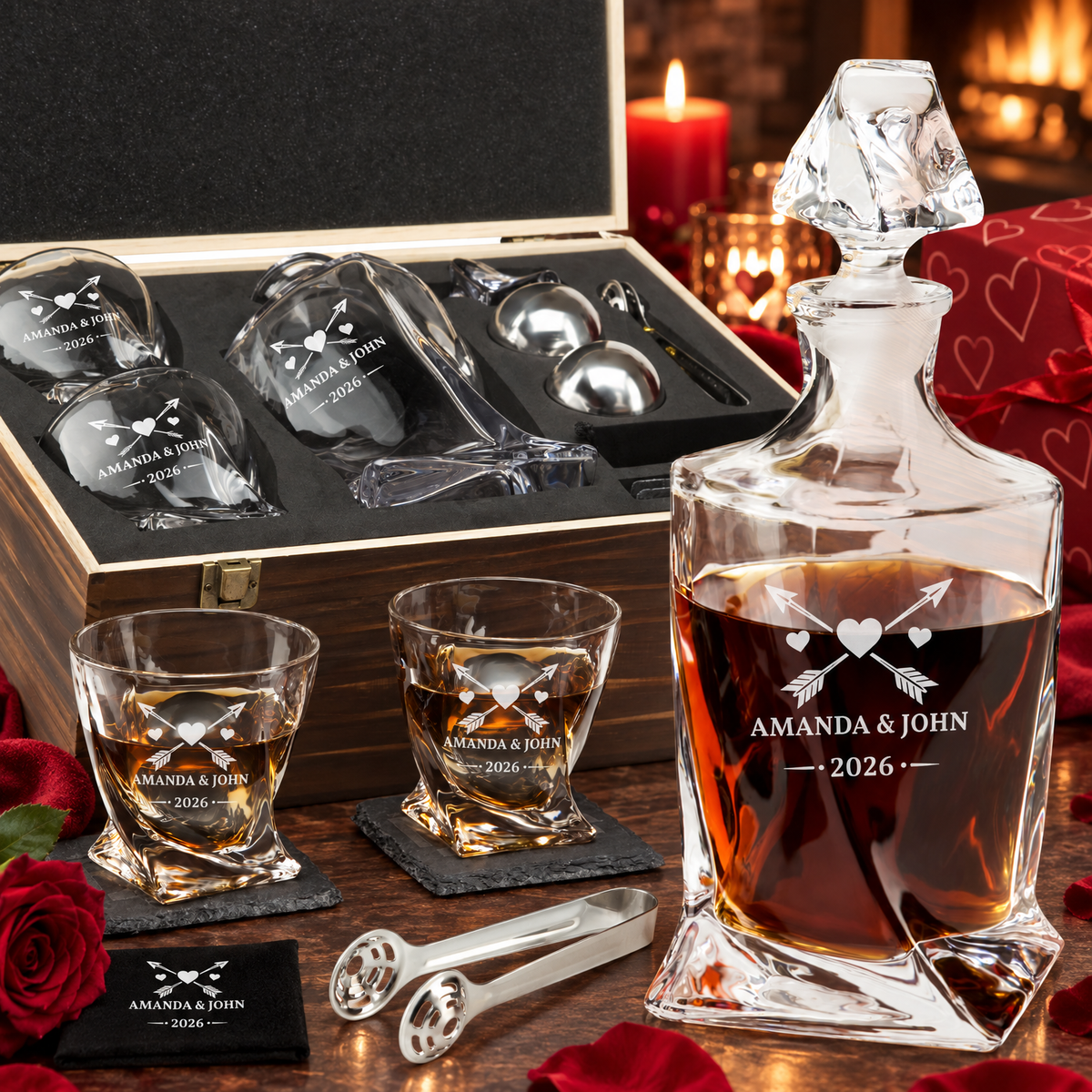 Valentine's Day Gift – Twisted Decanter Set with 2 Glasses, 2 Whiskey Balls & Wooden Box – image 01