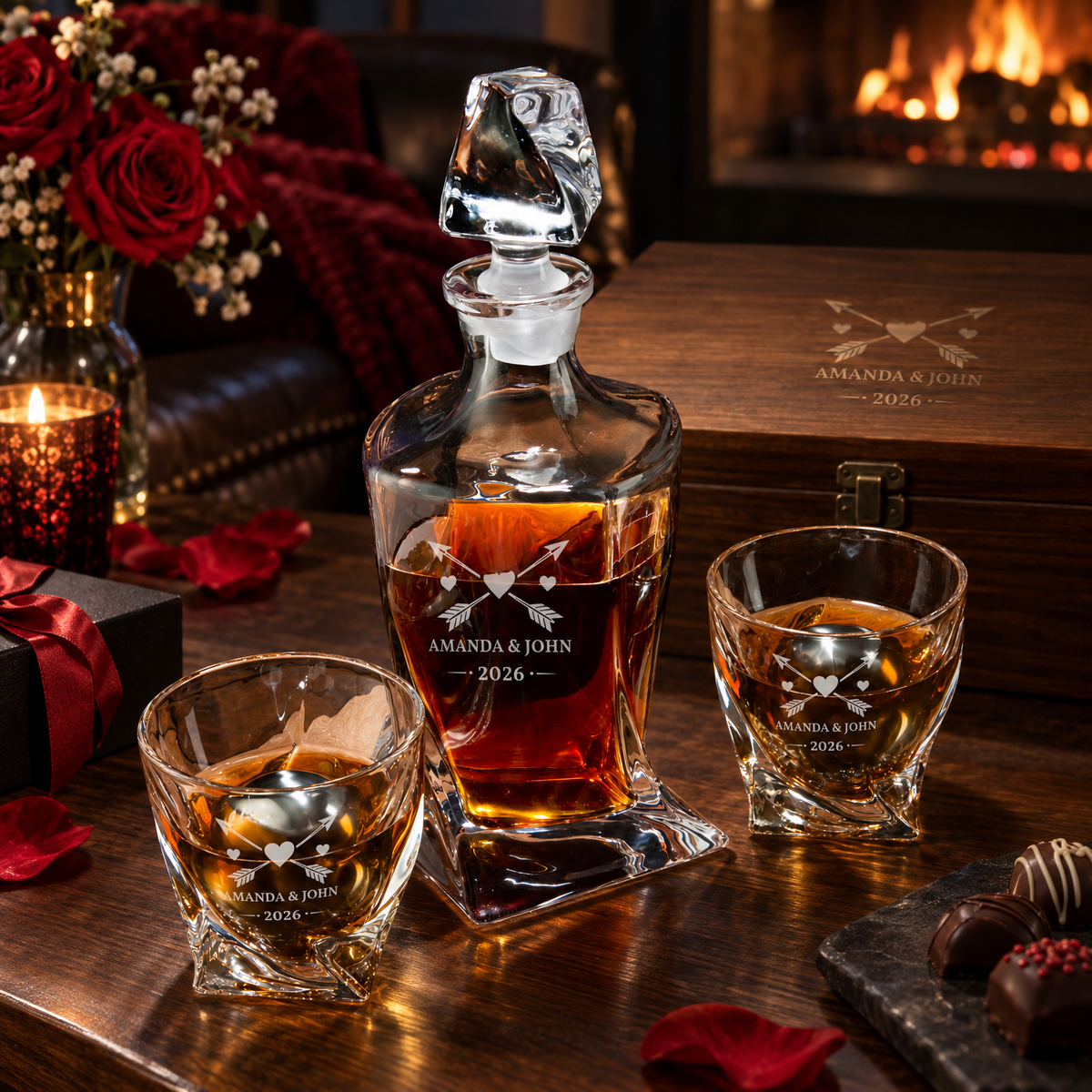 Valentine's Day Gift – Twisted Decanter Set with 2 Glasses, 2 Whiskey Balls & Wooden Box product image
