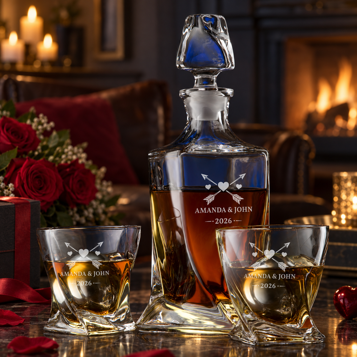 Valentine's Day Gift – Twisted Decanter Set with 2 Glasses, 2 Whiskey Balls & Wooden Box product image