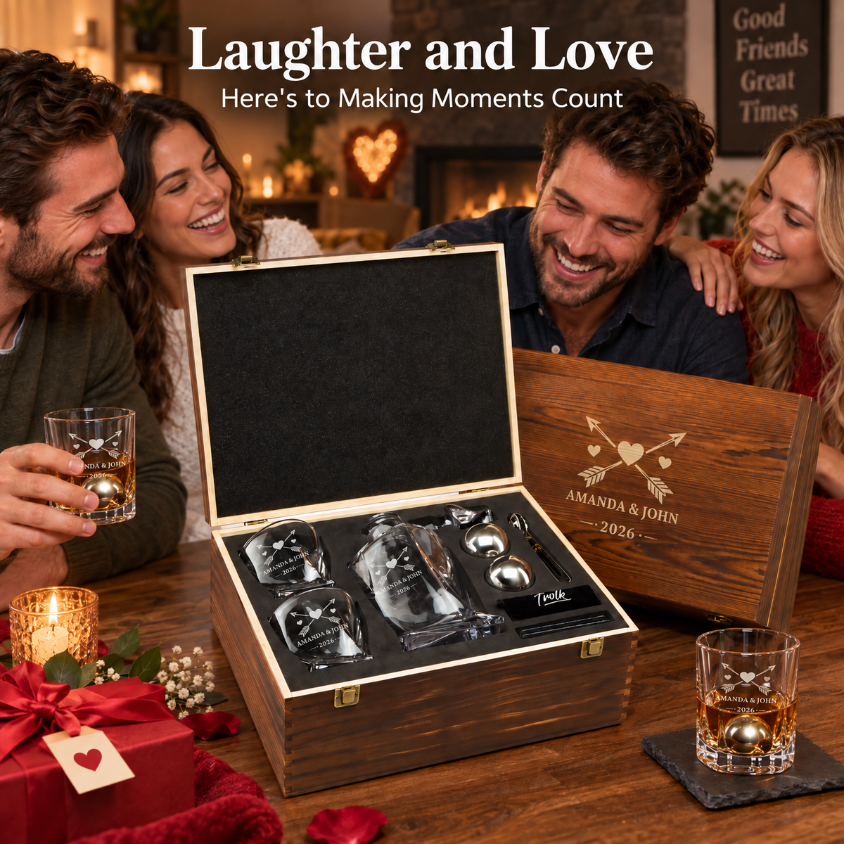 Valentine's Day Gift – Twisted Decanter Set with 2 Glasses, 2 Whiskey Balls & Wooden Box product image