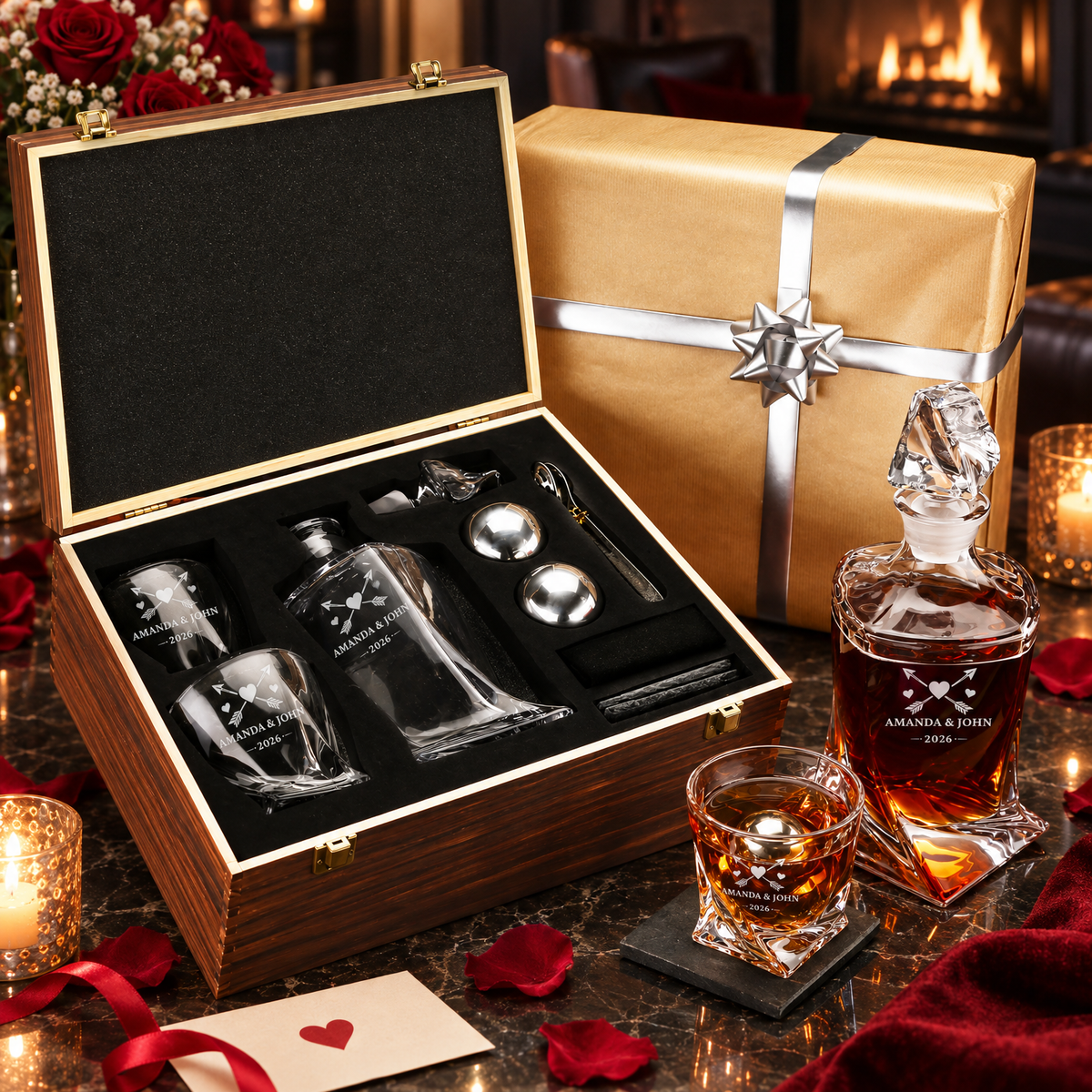 Valentine's Day Gift – Twisted Decanter Set with 2 Glasses, 2 Whiskey Balls & Wooden Box product image