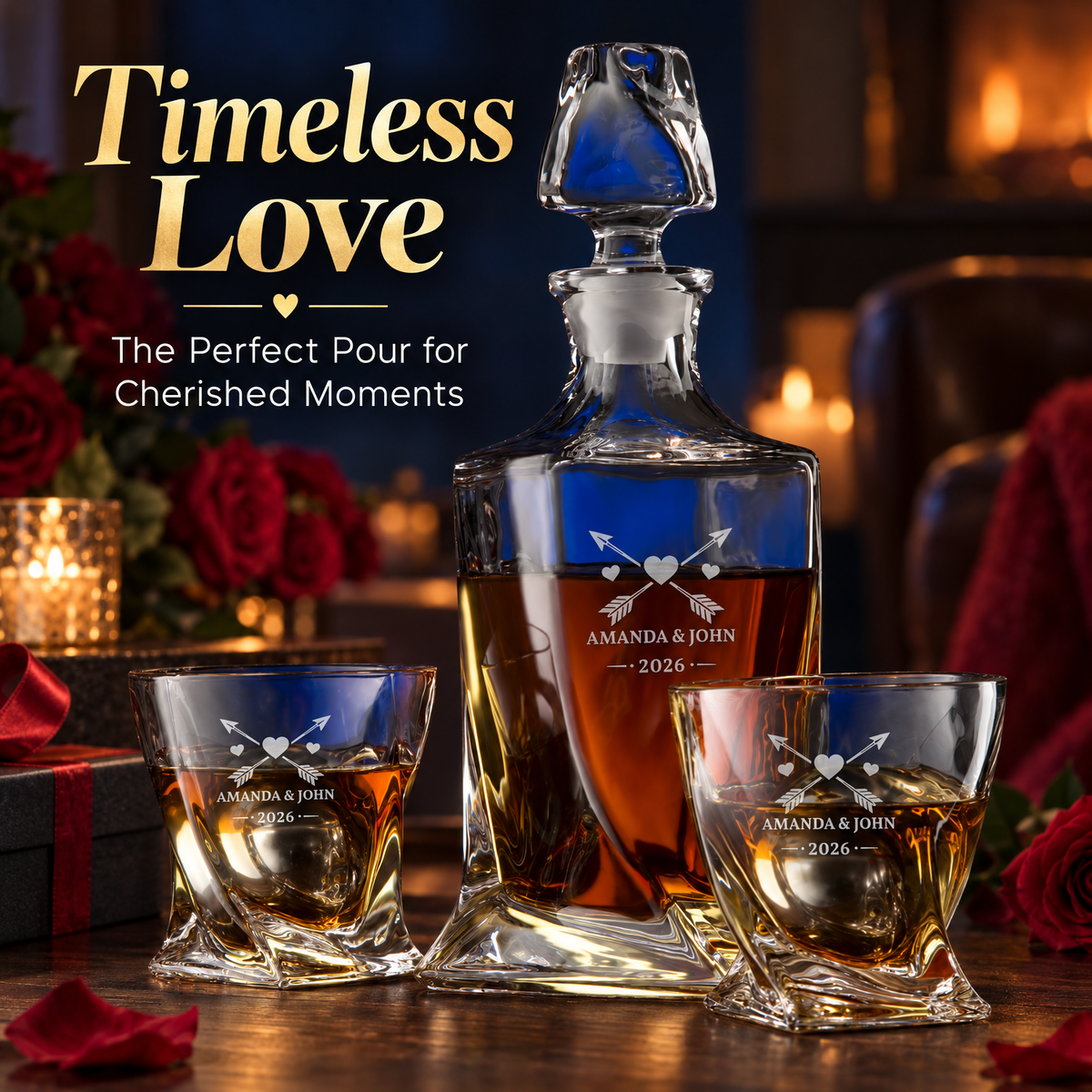 Valentine's Day Gift – Twisted Decanter Set with 2 Glasses, 2 Whiskey Balls & Wooden Box product image