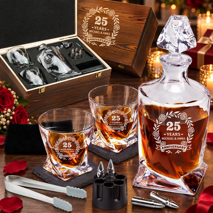 Anniversary Gift – Twisted Decanter Set with 2 Glasses, 6 Whiskey Bullets & Wooden Box – image 01