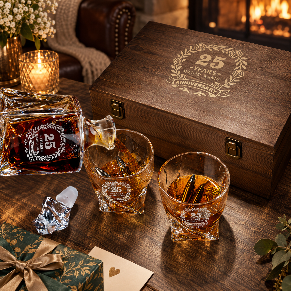 Anniversary Gift – Twisted Decanter Set with 2 Glasses, 6 Whiskey Bullets & Wooden Box – image 04