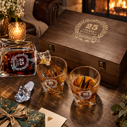 Anniversary Gift – Twisted Decanter Set with 2 Glasses, 6 Whiskey Bullets & Wooden Box – image 04