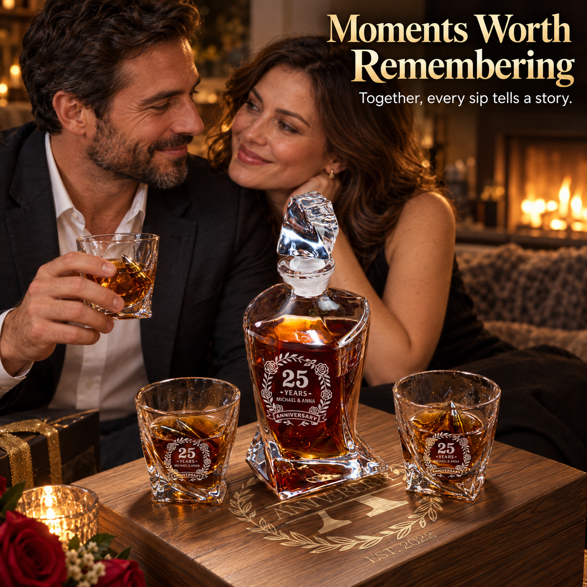 Anniversary Gift – Twisted Decanter Set with 2 Glasses, 6 Whiskey Bullets & Wooden Box product image