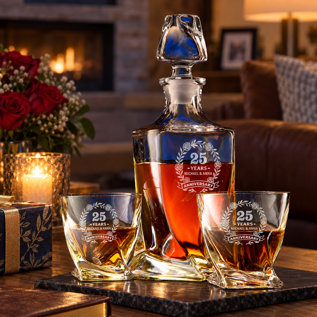 Anniversary Gift – Twisted Decanter Set with 2 Glasses, 6 Whiskey Bullets & Wooden Box – image 06