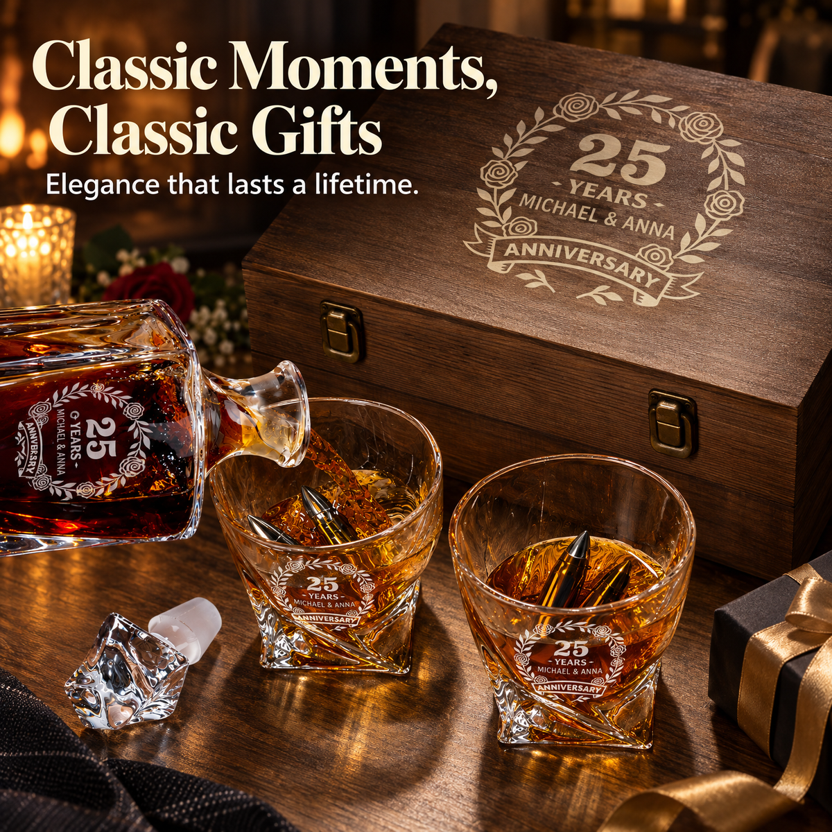 Anniversary Gift – Twisted Decanter Set with 2 Glasses, 6 Whiskey Bullets & Wooden Box – image 14