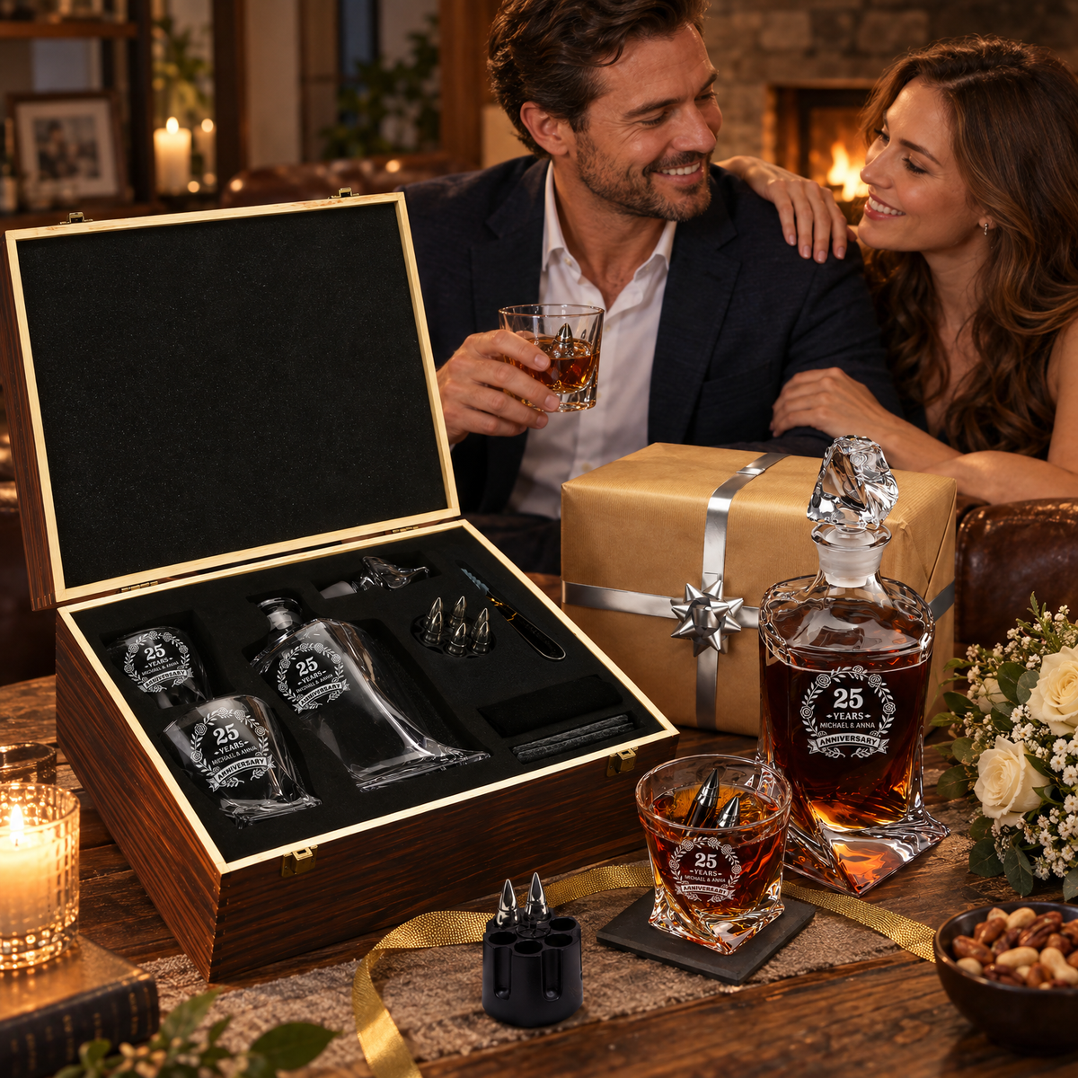 Anniversary Gift – Twisted Decanter Set with 2 Glasses, 6 Whiskey Bullets & Wooden Box product image