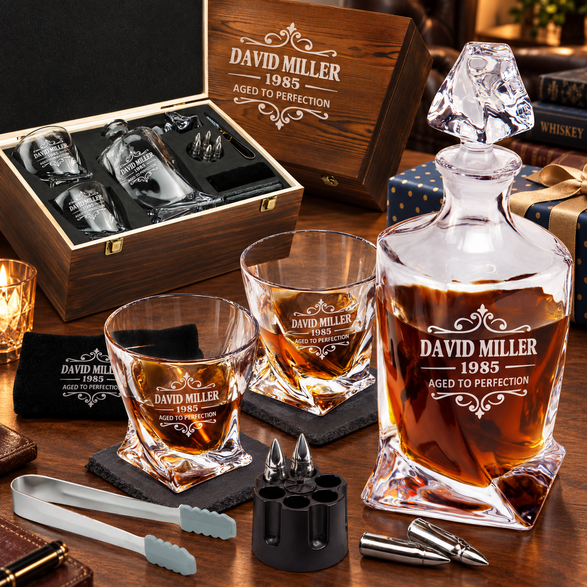 Birthday Gift – Twisted Decanter Set with 2 Glasses, 6 Whiskey Bullets & Wooden Box product image