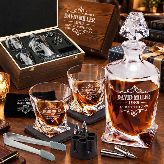 Birthday Gift – Twisted Decanter Set with 2 Glasses, 6 Whiskey Bullets & Wooden Box – image 01