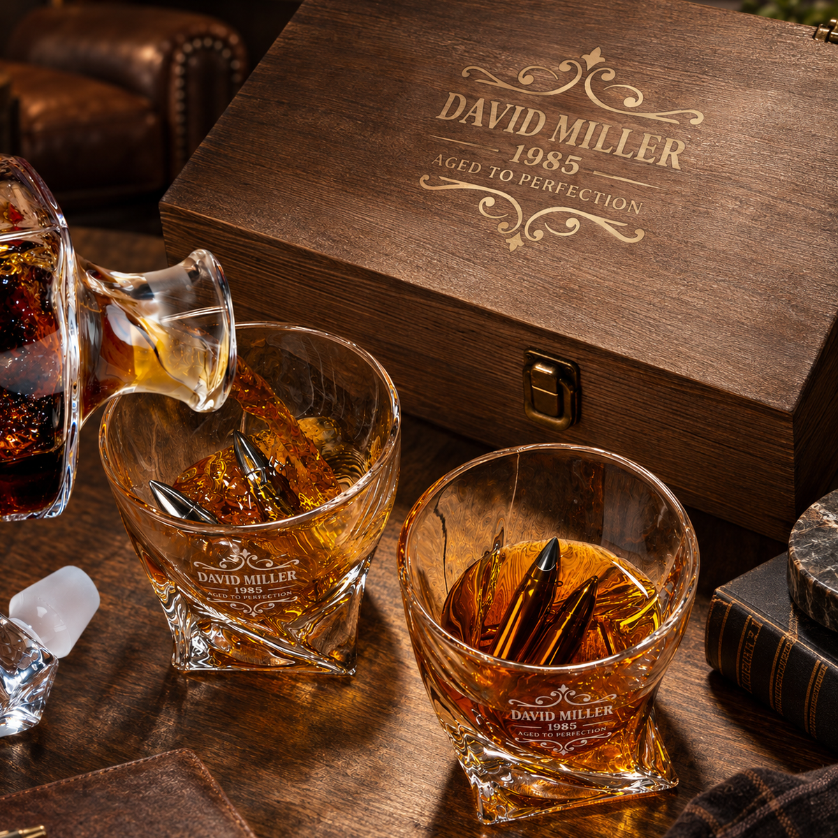 Birthday Gift – Twisted Decanter Set with 2 Glasses, 6 Whiskey Bullets & Wooden Box product image