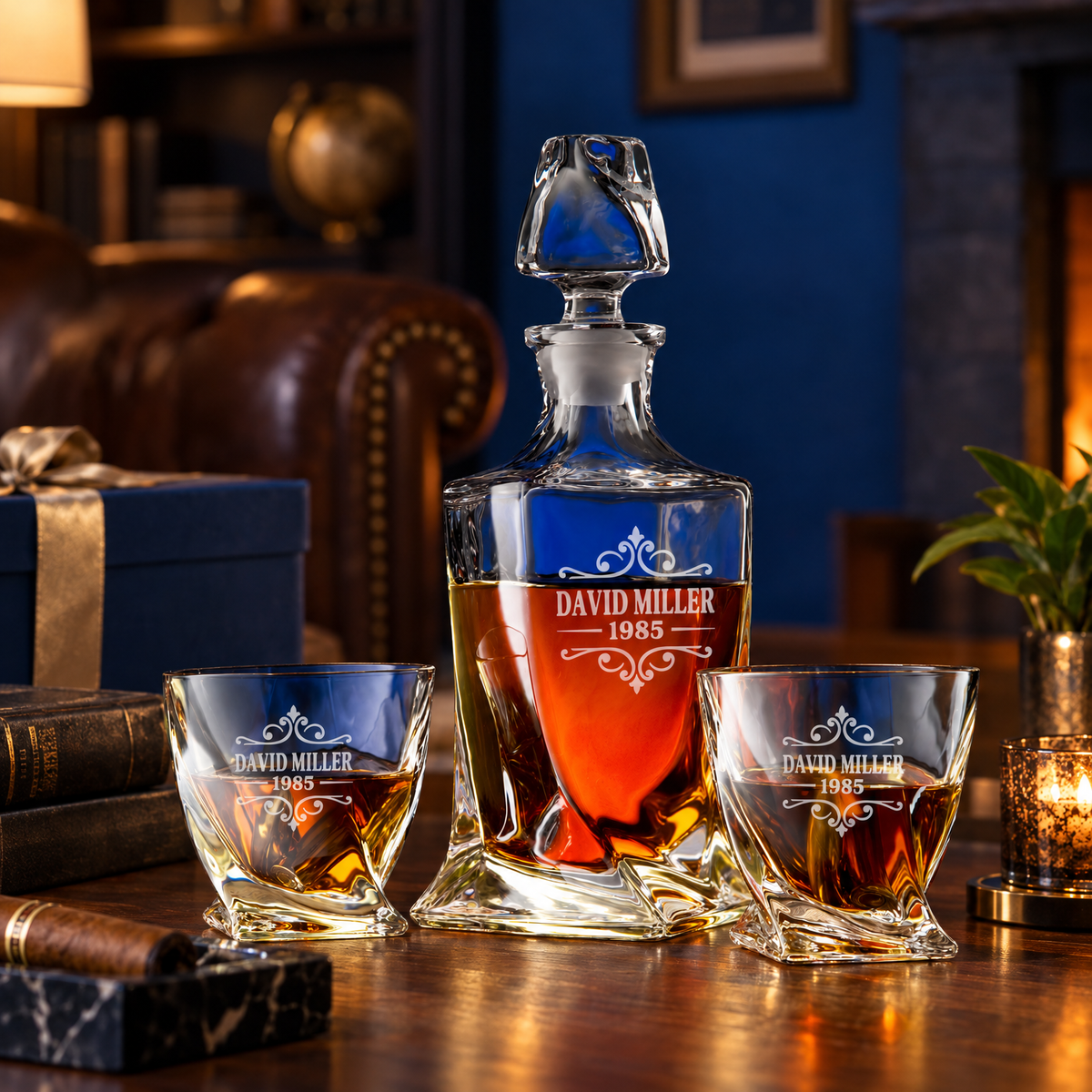 Birthday Gift – Twisted Decanter Set with 2 Glasses, 6 Whiskey Bullets & Wooden Box – image 06