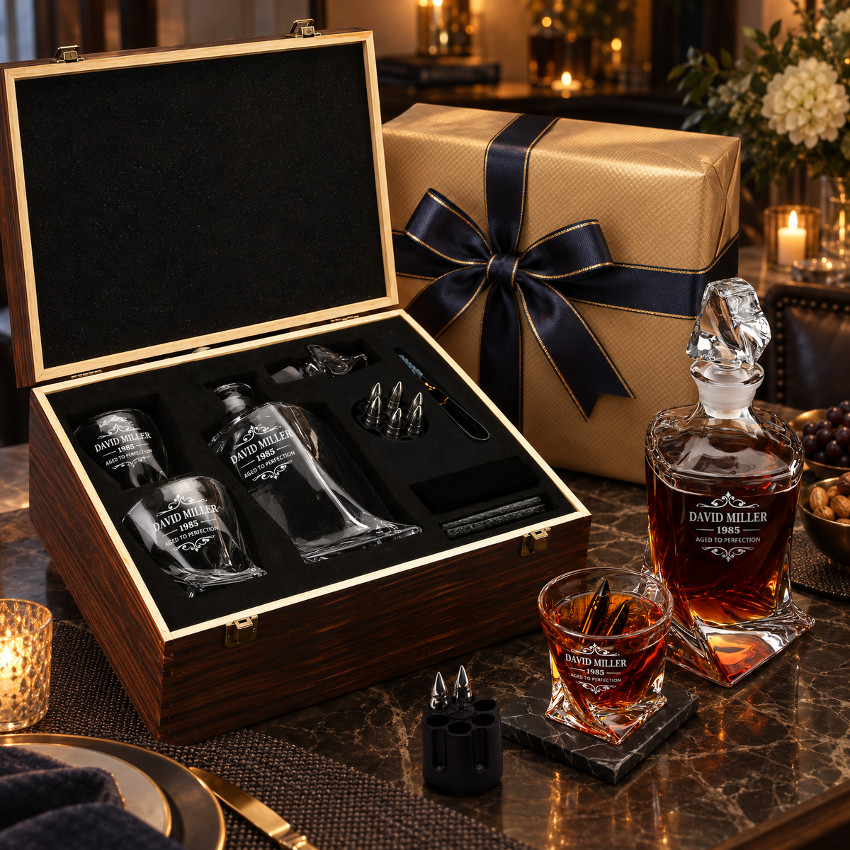 Birthday Gift – Twisted Decanter Set with 2 Glasses, 6 Whiskey Bullets & Wooden Box product image