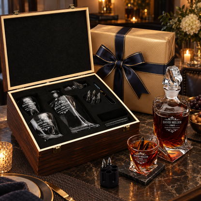 Birthday Gift – Twisted Decanter Set with 2 Glasses, 6 Whiskey Bullets & Wooden Box – image 08