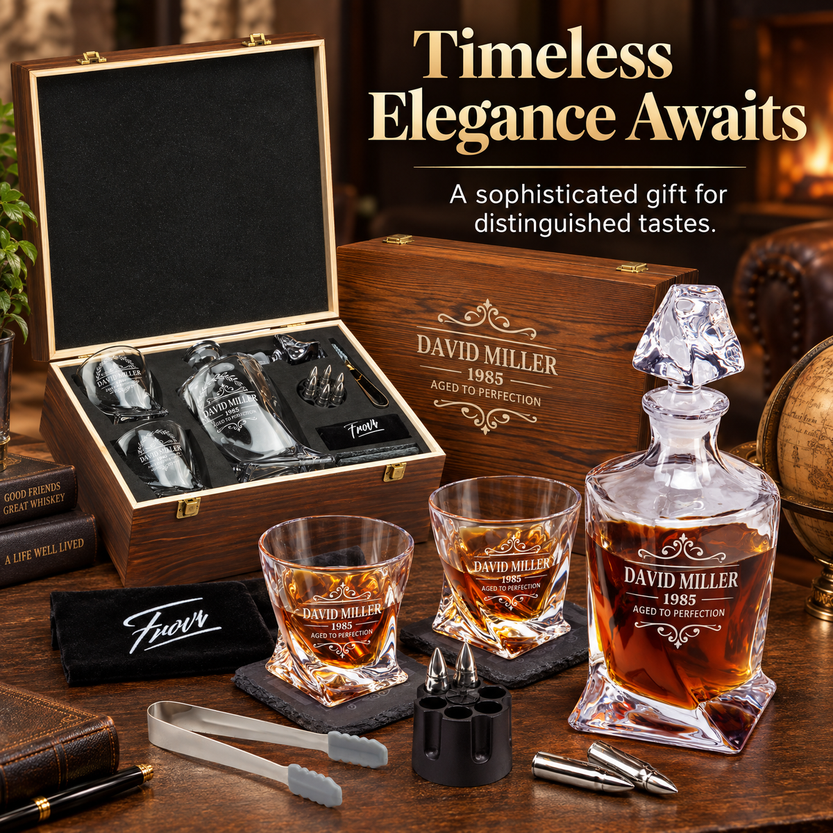 Birthday Gift – Twisted Decanter Set with 2 Glasses, 6 Whiskey Bullets & Wooden Box product image