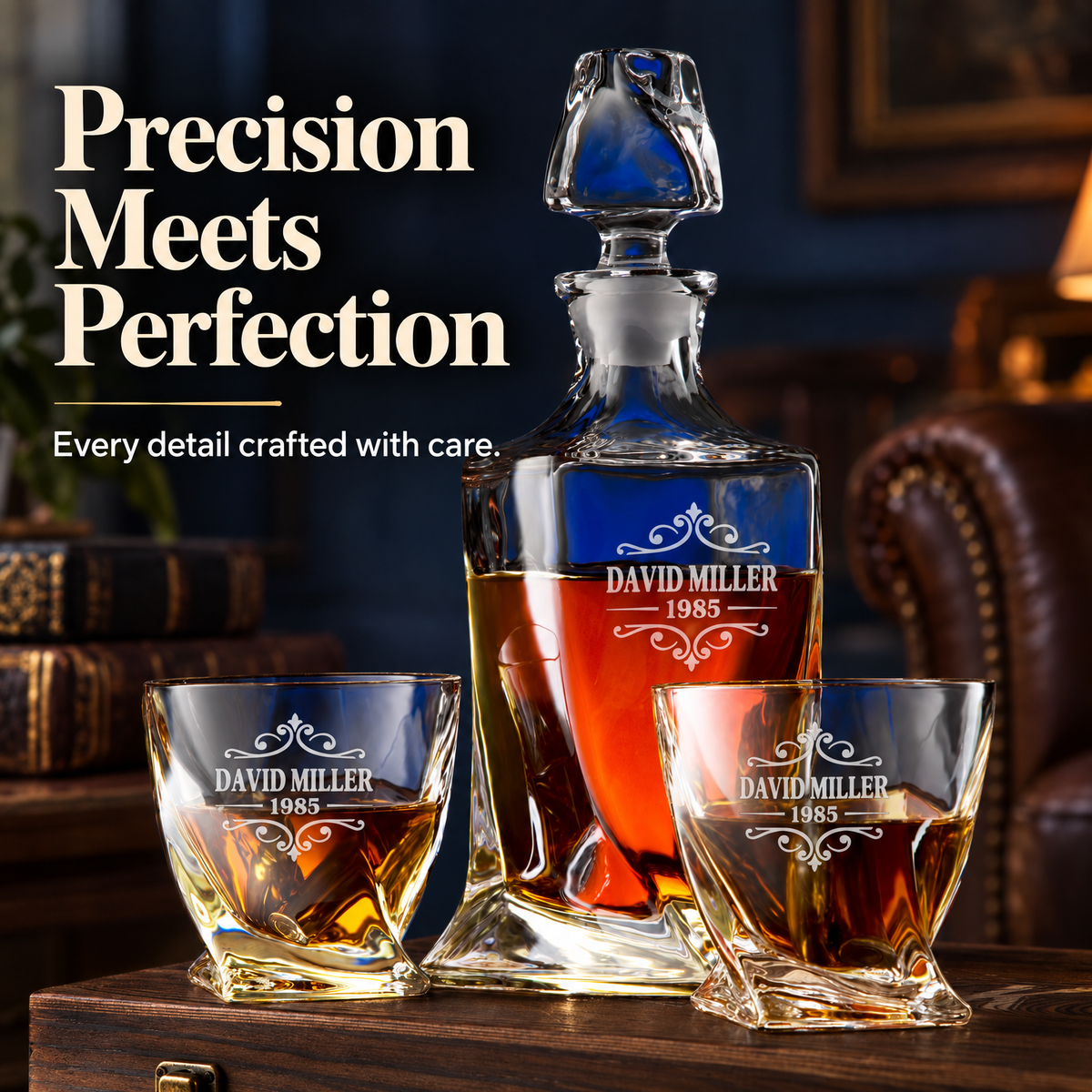 Birthday Gift – Twisted Decanter Set with 2 Glasses, 6 Whiskey Bullets & Wooden Box – image 16