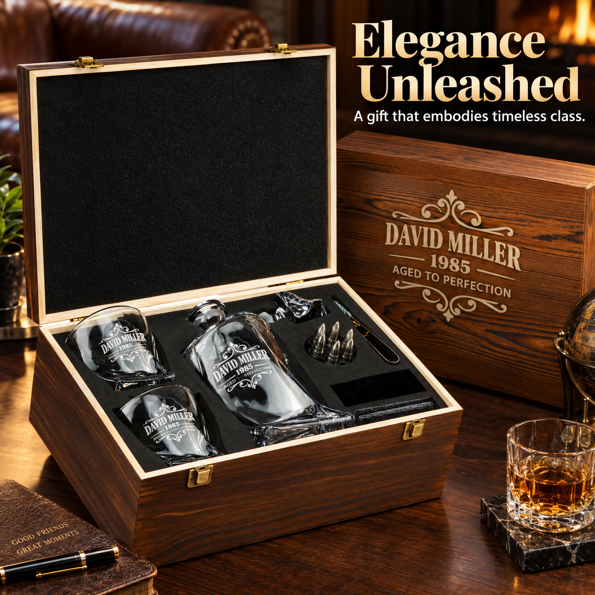 Birthday Gift – Twisted Decanter Set with 2 Glasses, 6 Whiskey Bullets & Wooden Box – image 20