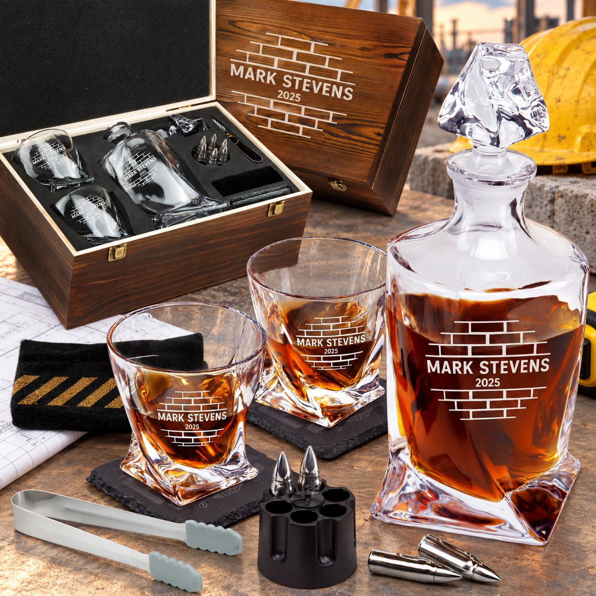 Construction Company Gifts – Twisted Decanter Set with 2 Glasses, 6 Whiskey Bullets & Wooden Box – image 01