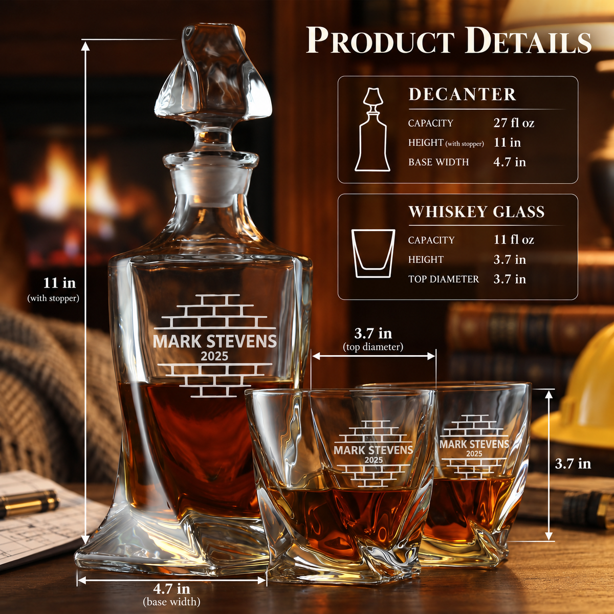 Construction Company Gifts – Twisted Decanter Set with 2 Glasses, 6 Whiskey Bullets & Wooden Box product image