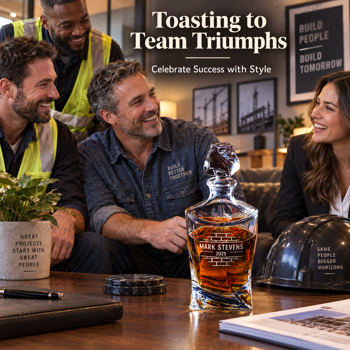 Construction Company Gifts – Twisted Decanter Set with 2 Glasses, 6 Whiskey Bullets & Wooden Box product image