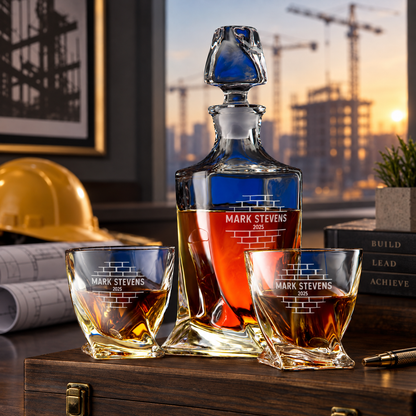 Construction Company Gifts – Twisted Decanter Set with 2 Glasses, 6 Whiskey Bullets & Wooden Box – image 06