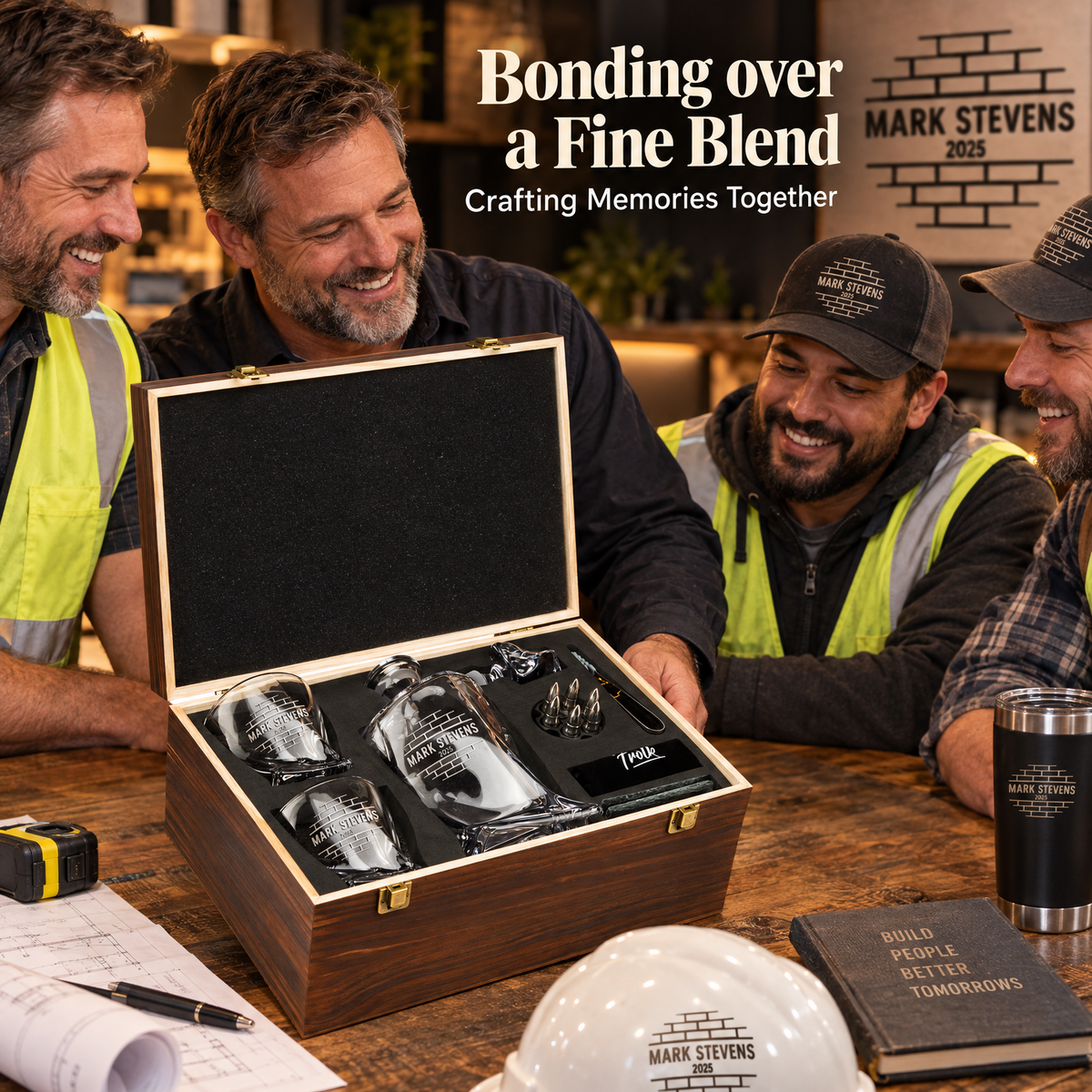 Construction Company Gifts – Twisted Decanter Set with 2 Glasses, 6 Whiskey Bullets & Wooden Box – image 07