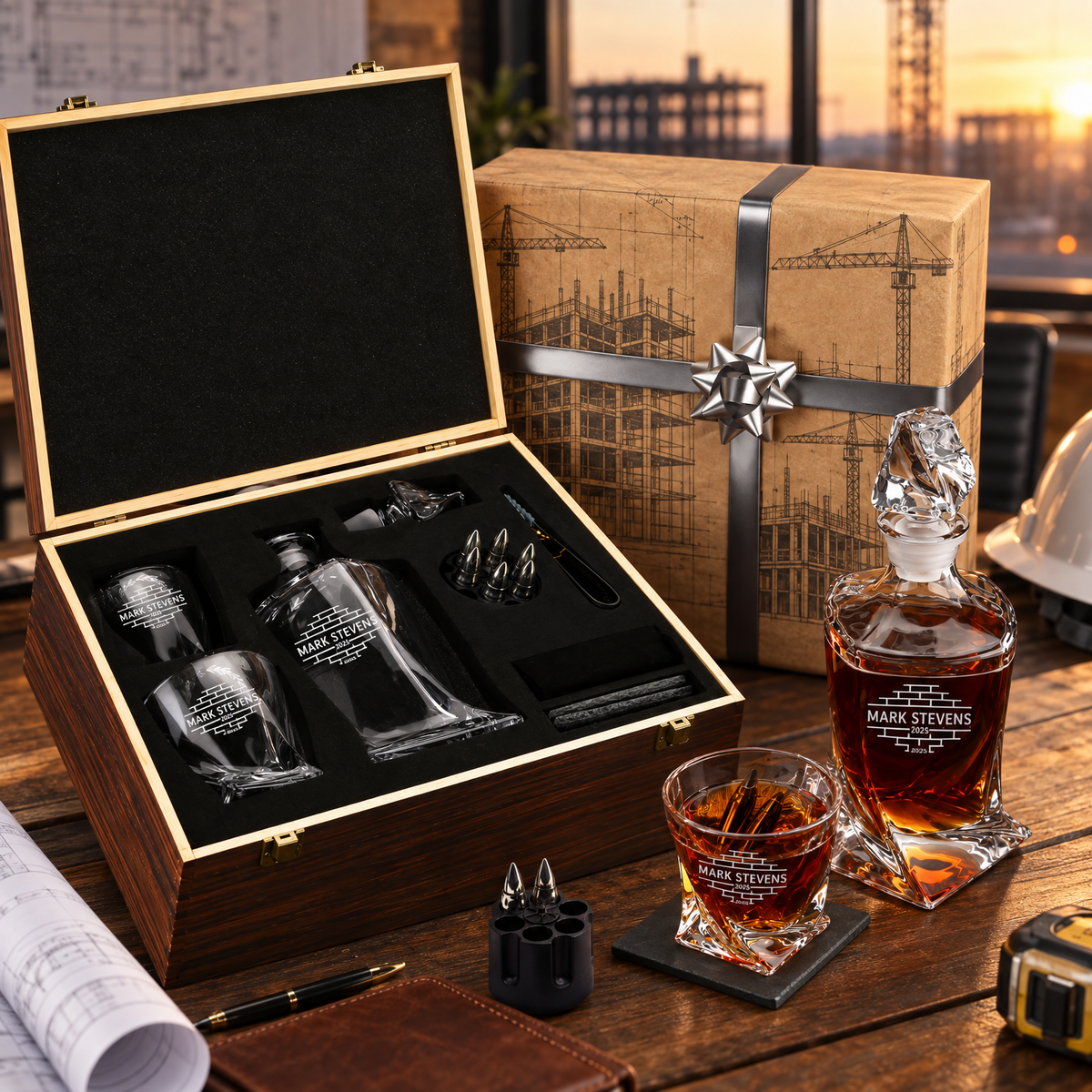 Construction Company Gifts – Twisted Decanter Set with 2 Glasses, 6 Whiskey Bullets & Wooden Box product image