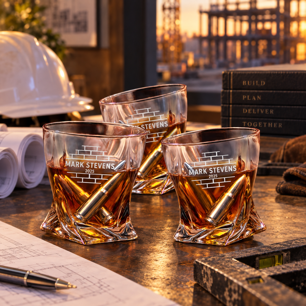 Construction Company Gifts – Twisted Decanter Set with 2 Glasses, 6 Whiskey Bullets & Wooden Box product image