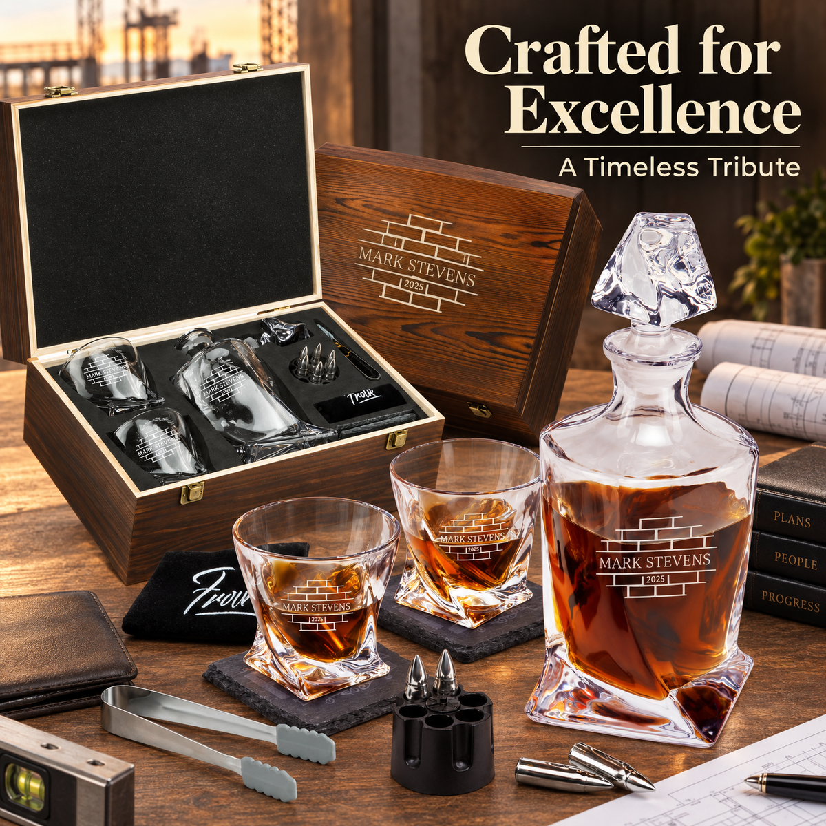 Construction Company Gifts – Twisted Decanter Set with 2 Glasses, 6 Whiskey Bullets & Wooden Box product image