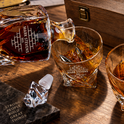 Construction Company Gifts – Twisted Decanter Set with 2 Glasses, 6 Whiskey Bullets & Wooden Box – image 14