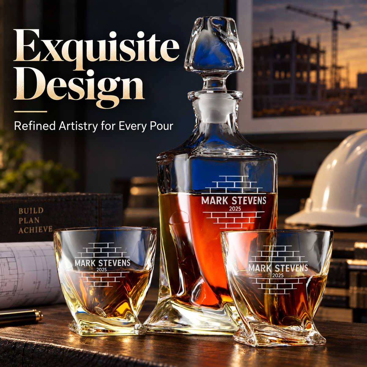Construction Company Gifts – Twisted Decanter Set with 2 Glasses, 6 Whiskey Bullets & Wooden Box – image 16