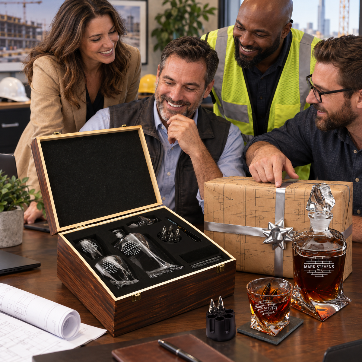 Construction Company Gifts – Twisted Decanter Set with 2 Glasses, 6 Whiskey Bullets & Wooden Box – image 17