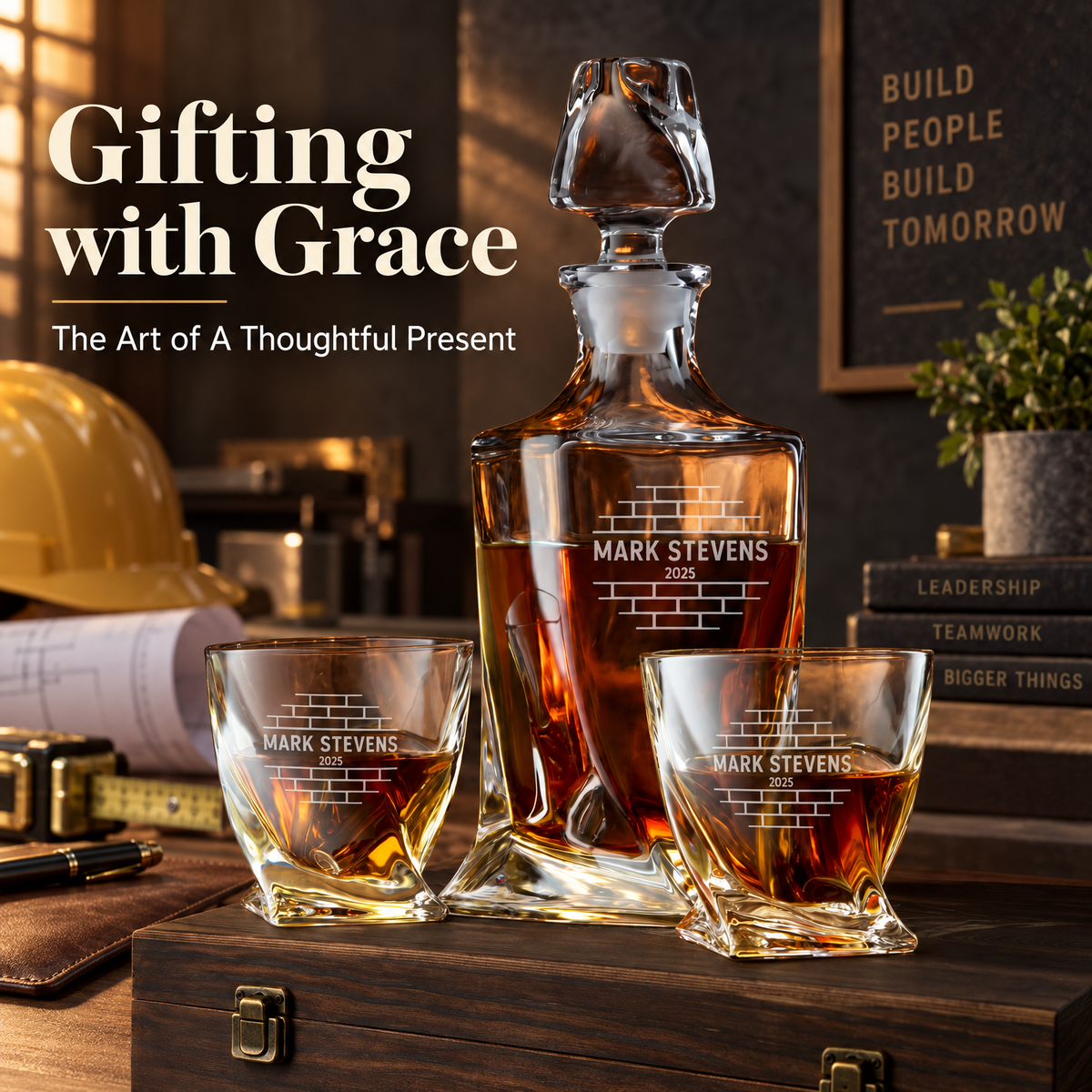 Construction Company Gifts – Twisted Decanter Set with 2 Glasses, 6 Whiskey Bullets & Wooden Box – image 18