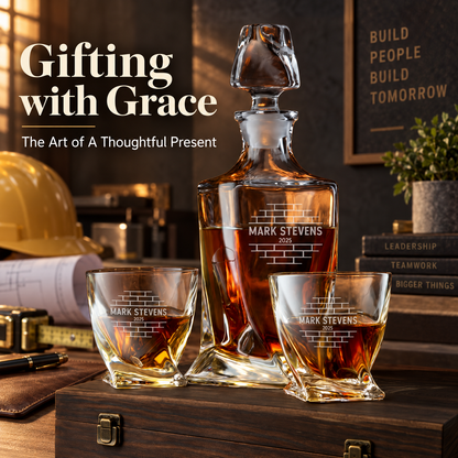 Construction Company Gifts – Twisted Decanter Set with 2 Glasses, 6 Whiskey Bullets & Wooden Box – image 18