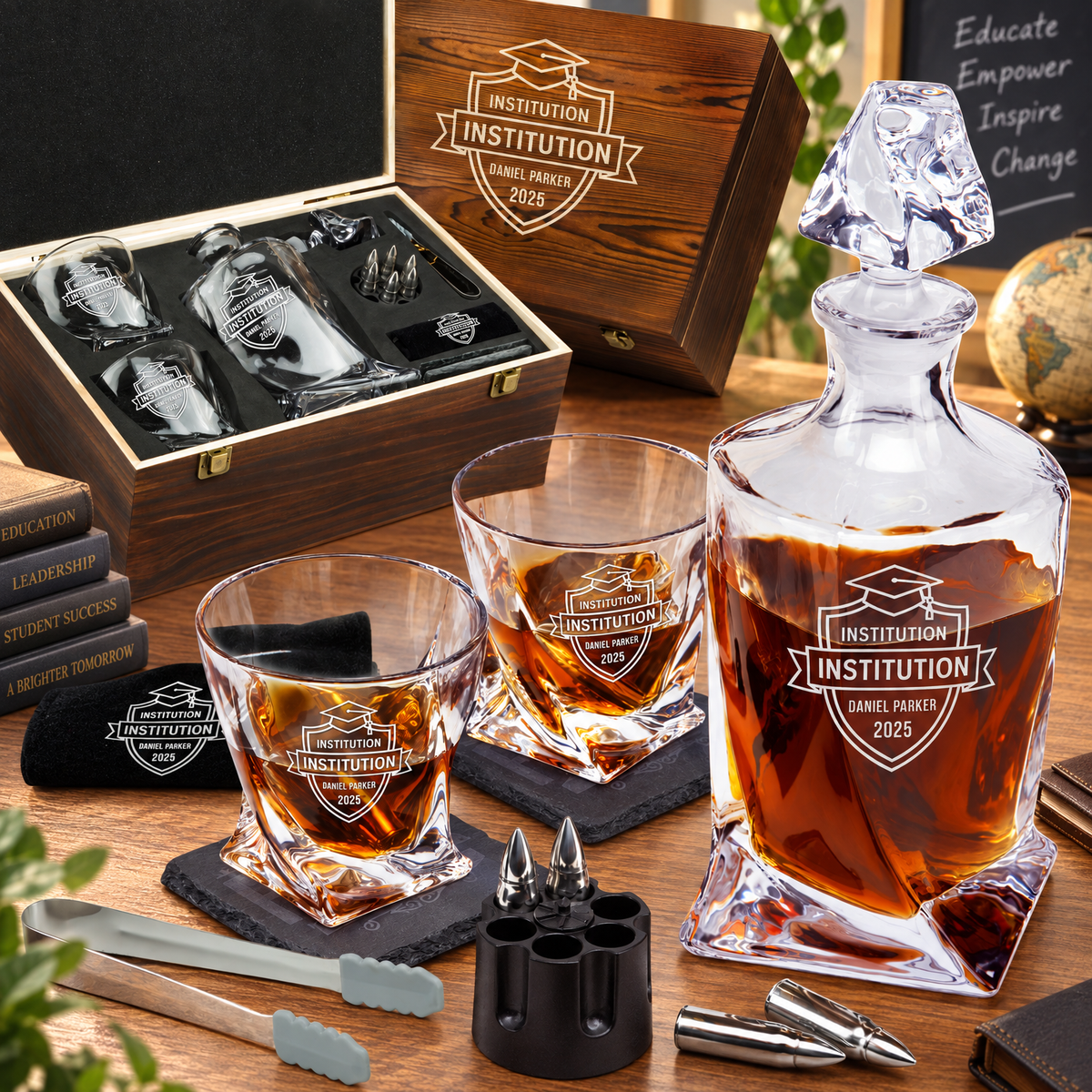 Education Company Gifts – Twisted Decanter Set with 2 Glasses, 6 Whiskey Bullets & Wooden Box product image