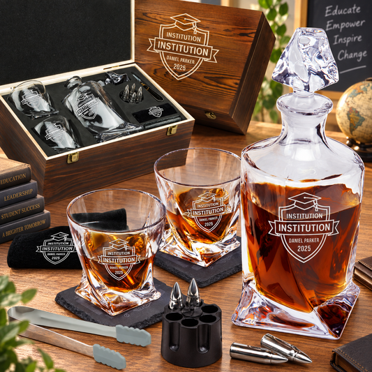 Education Company Gifts – Twisted Decanter Set with 2 Glasses, 6 Whiskey Bullets & Wooden Box – image 01
