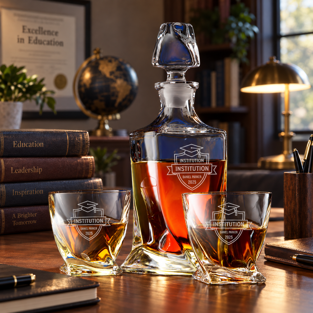 Education Company Gifts – Twisted Decanter Set with 2 Glasses, 6 Whiskey Bullets & Wooden Box product image