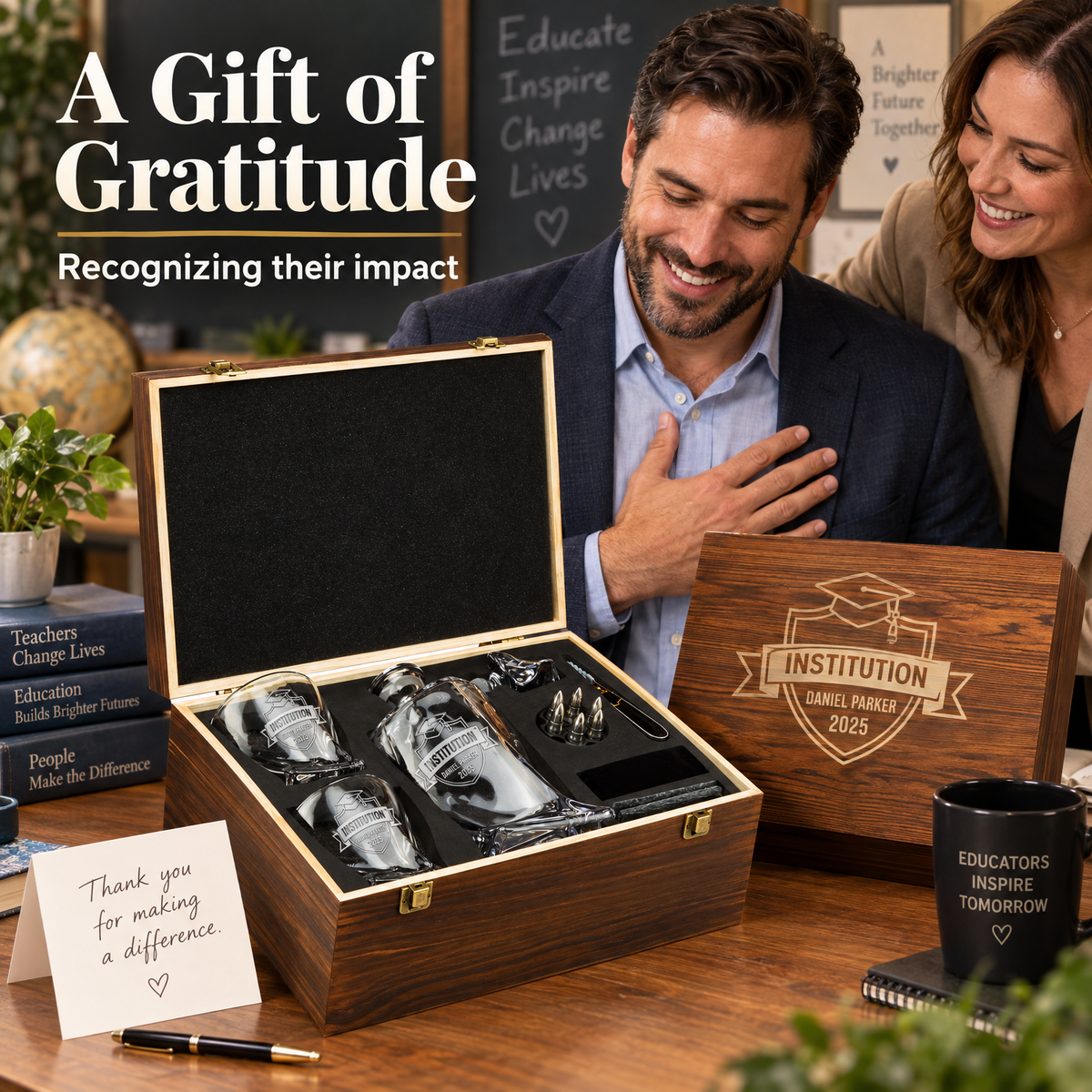 Education Company Gifts – Twisted Decanter Set with 2 Glasses, 6 Whiskey Bullets & Wooden Box – image 07