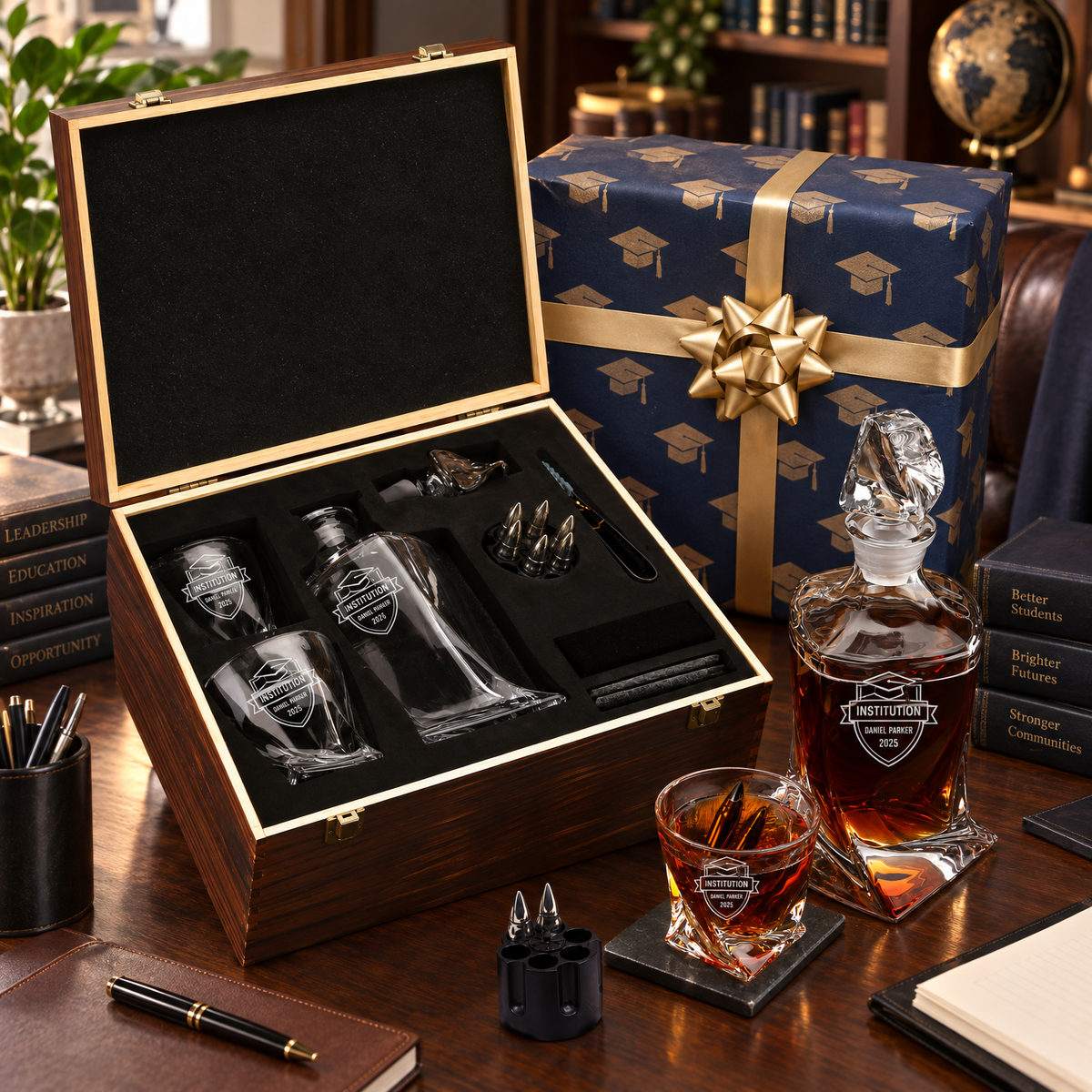 Education Company Gifts – Twisted Decanter Set with 2 Glasses, 6 Whiskey Bullets & Wooden Box – image 08