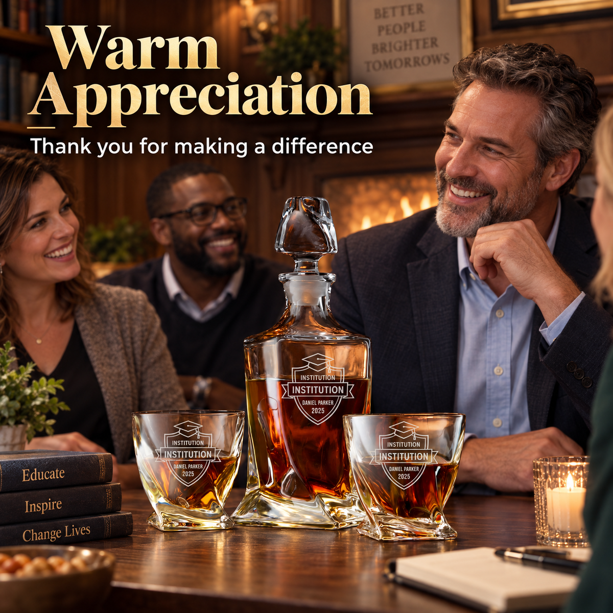 Education Company Gifts – Twisted Decanter Set with 2 Glasses, 6 Whiskey Bullets & Wooden Box product image